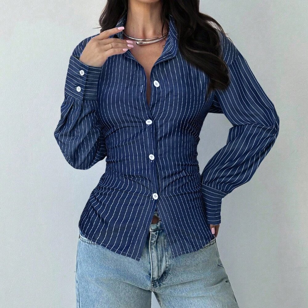 Navy Blue Long Sleeve Tie-Waist Blouse - Picture 5 of 6